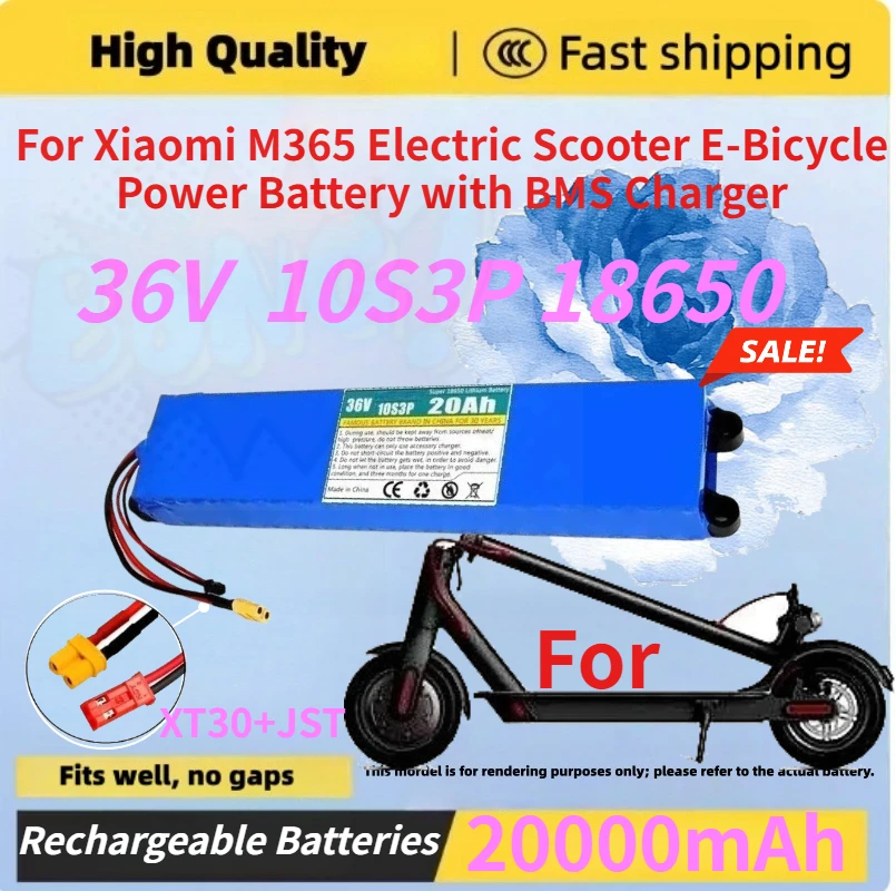 36V 20Ah 10S3P 18650 Rechargeable Lithium Battery Pack for Xiaomi M365 Electric Scooter E-Bicycle Power Battery with BMS Charger