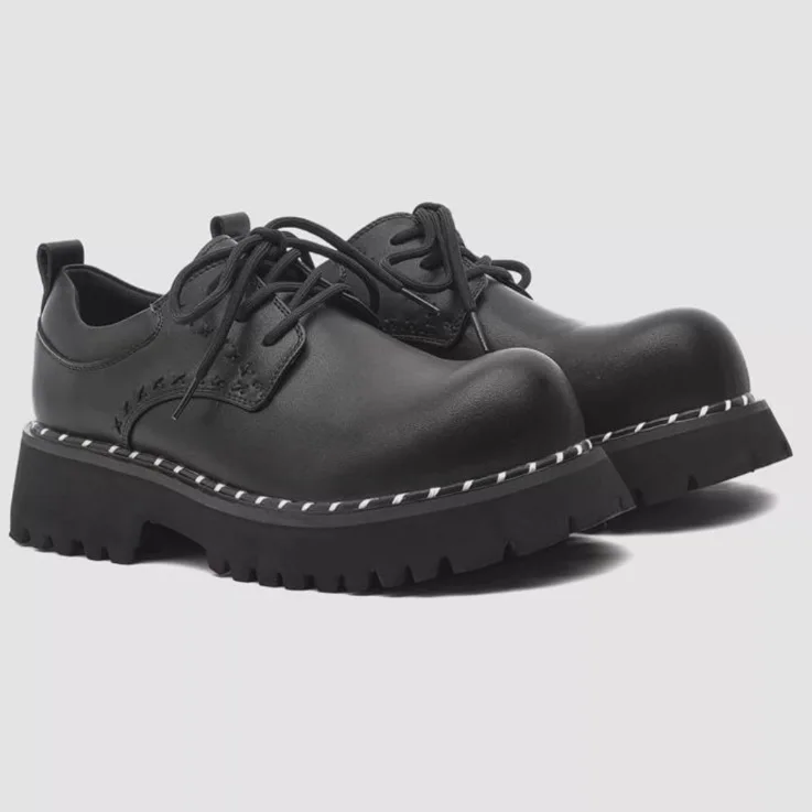 Men's round Toe Thick Bottom Heightening Black High-End Feeling Casual Derby Shoes Leather Shoes Comfortable Spring Season