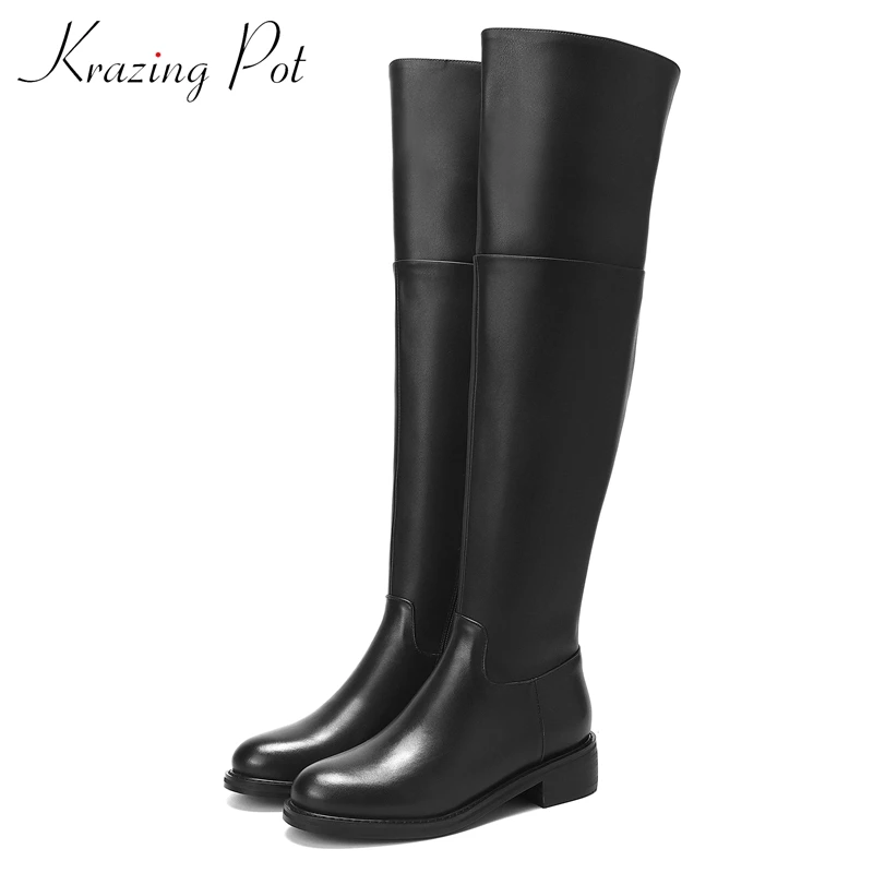 Krazing Pot Big Size 43 Cow Leather Round Toe Med Heel Young Lady Daily Wear Simple Style Classic Black Over-the-knee Boots L52