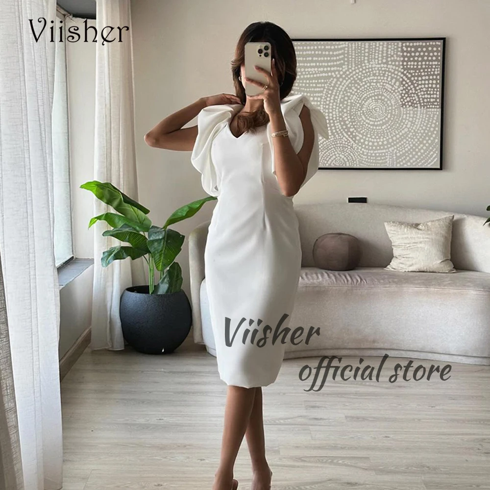 

Viisher White Mermaid Evening Prom Dresses for Women Spandex Satin Wedding Party Dress Arabian Dubai Formal Gown Tea Length