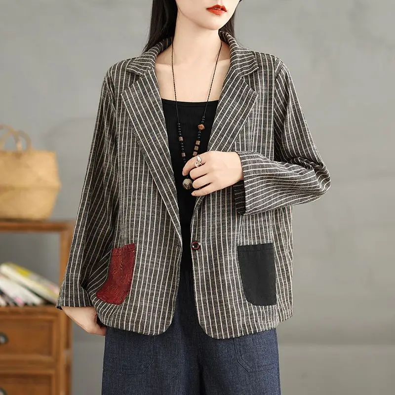 Retro Contrasting Color Splicing Striped Suits Jacket Womens Spring Autumn Design Sense Casual Blazer New Female Suit Top Trendy