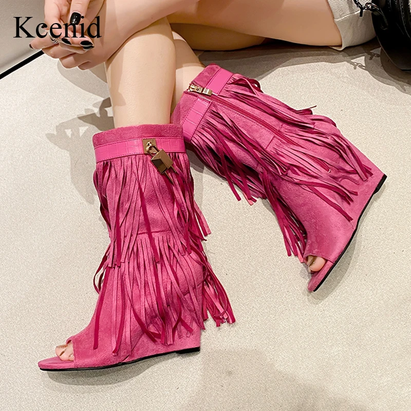 

Kcenid Trendy New Fold Design Shoes Fringe Wedges Boot Woman High Heels Peep Toe Party Prom Shoes 2023 Sexy Zipper Female Pumps