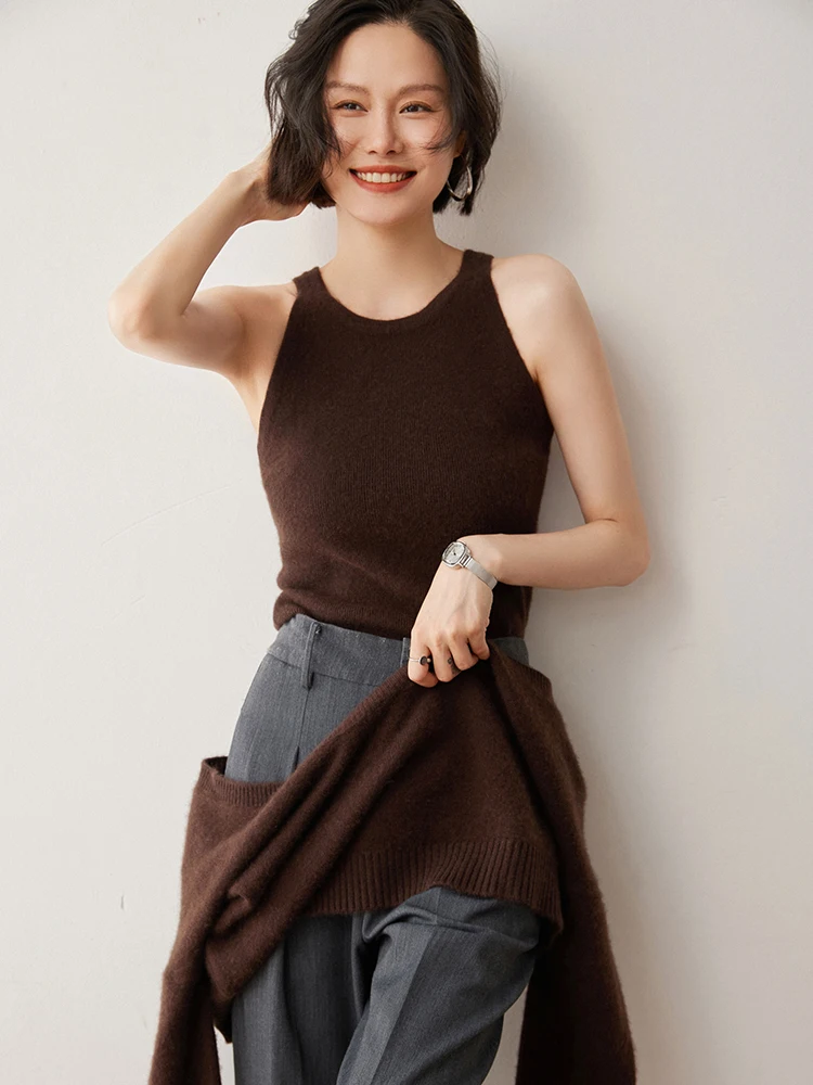 

Новый женский 100% кашемировый жилет без рукавов, тонкий пуловер, свитер, весна-осень, простой стиль, мягкий кашемировый трикотаж, жилет с круглым вырезом