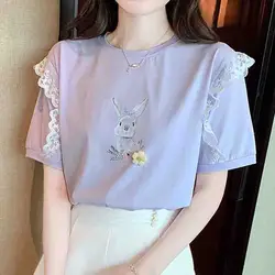 New Cotton Short Sleeve Women's T-shirts with Lace Sweet Woman Tops Printing Clothes Casual Summer Purple Women Tshirts 8547