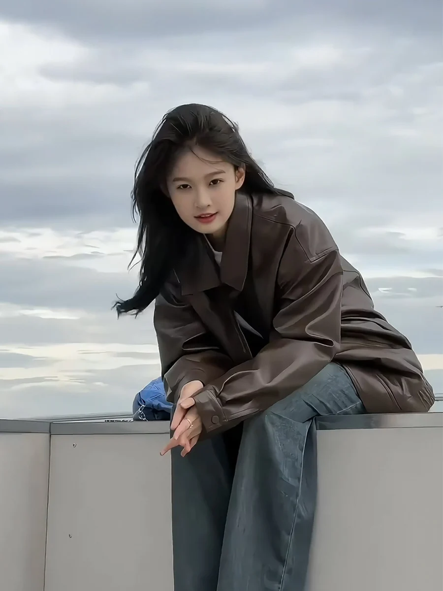 ブラウン PU レザー ジャケット レディース 春秋 スポーツ コート オートバイ ワークウェア パッド入り ジャケット ルーズフィット ロングスリーブ