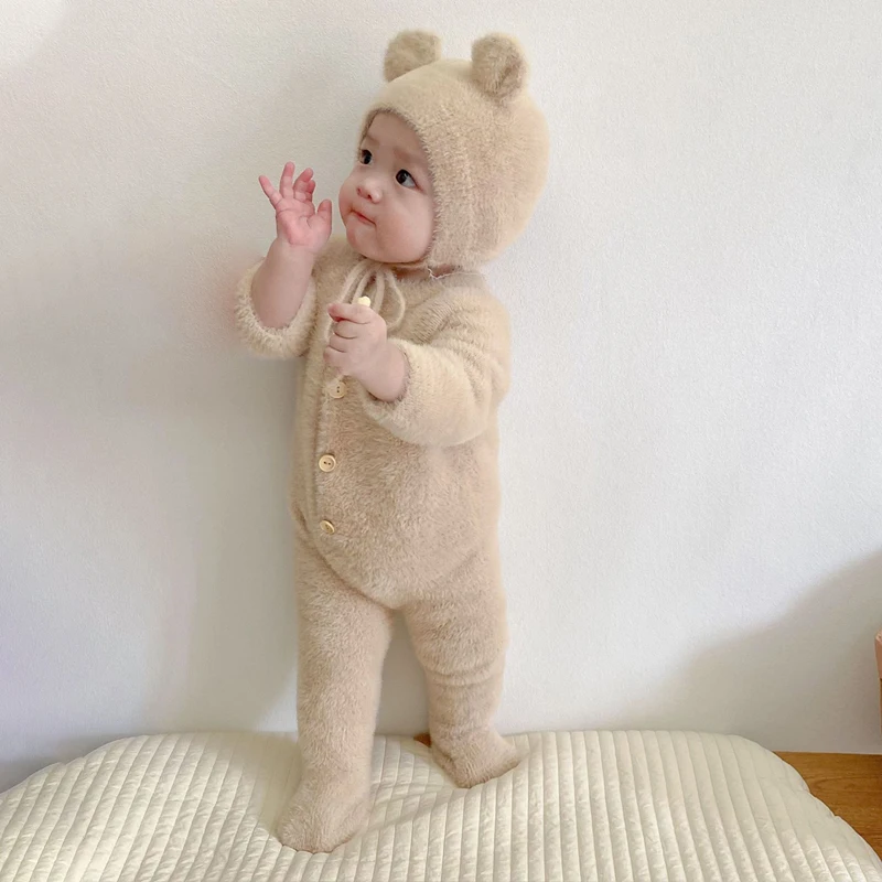 Kids Winter Keep Warm Romper Girls Cute Long Sleeves Hairy Pajamas Baby Boys Fashion New Cotton Jumpsuit with Bear Ear Cap