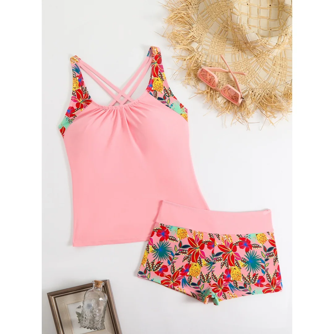

Women Tropical Floral Print Tankini Set 2026 Crisscross Back Two Piece Swimwear High Waist Boyshort Bathing Suit Beach Vacation