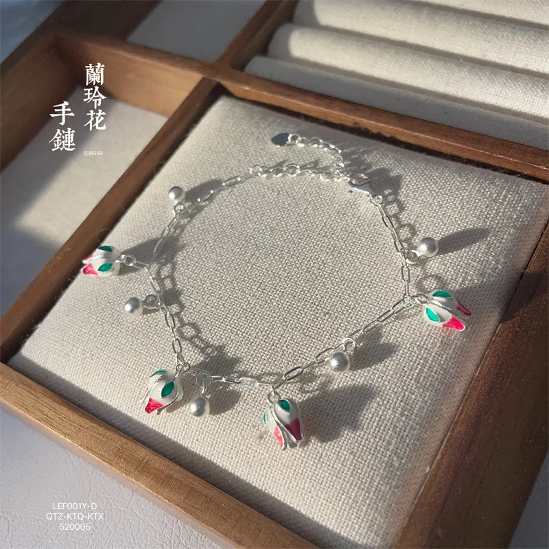 Silver 999 Enamel Lily of Valley Ancient Method Frosted Bead Bracelet and Versatile Hand Jewelry