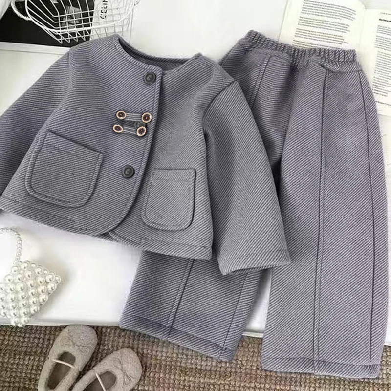 2026 Girls Set Spring Autumn Cardigan Stylish Baby Top Pants Medium Small Kids Wide Leg Pants Outfit
