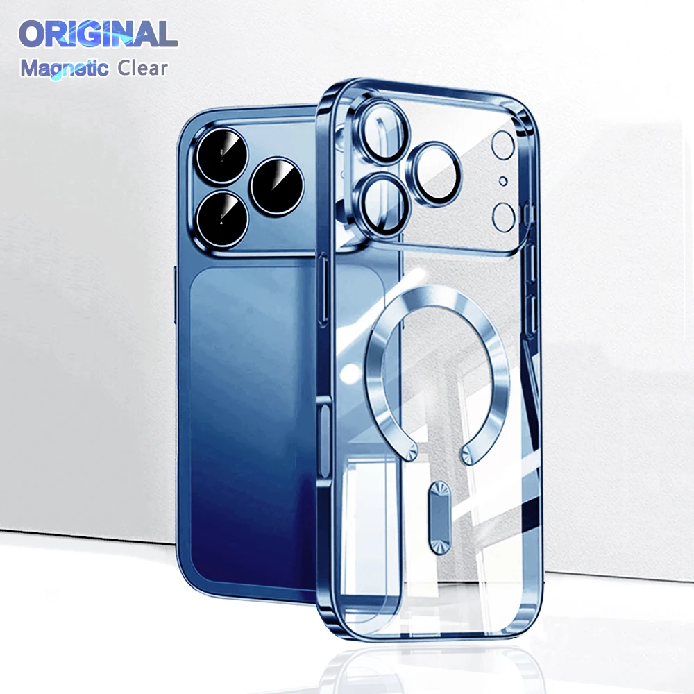 Original Magnet Plating Magnetism Case For Iphone 17 Air 11 12 13 14 15 Plus 16 Pro Max Magsafe Clear Cover Camera Lens Protect