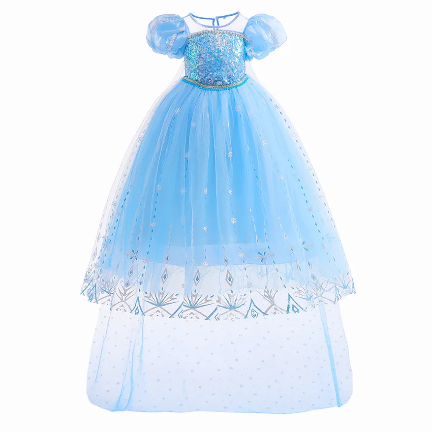 Elsa Dress For Girls Halloween Cosplay Costume Luxury Fluffy Princess Clothes With Cloak Snowflake Sequin Party Elegant Gown
