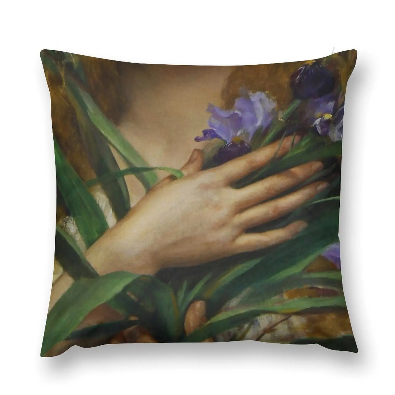 Woman Holding Iris flowers, French Pre-Raphaelite painting Throw Pillow Pillow Covers Decorative Pillow Cases