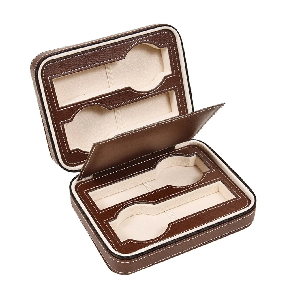 

4 Slots Portable Watch Storage Case Brown Zippered Travel Watch Organizer Cushion Interior Storage Bag 18x14x6cm