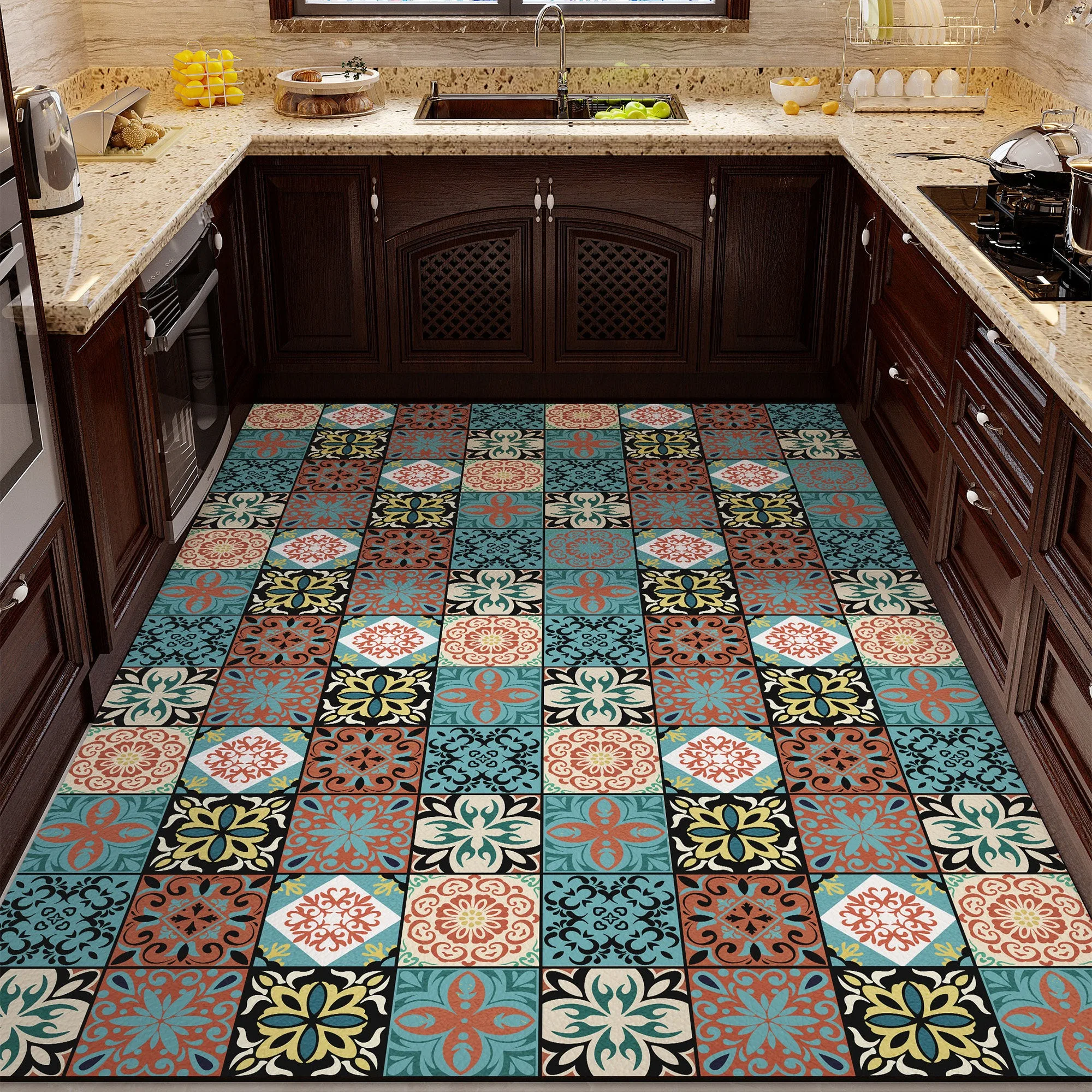 Moroccan-style Kitchen Rug Vintage Light Luxury Mats Non-slip Floor Mat Dirty Resistant Easy Clean PVC Leather Washable Mat 주방매트