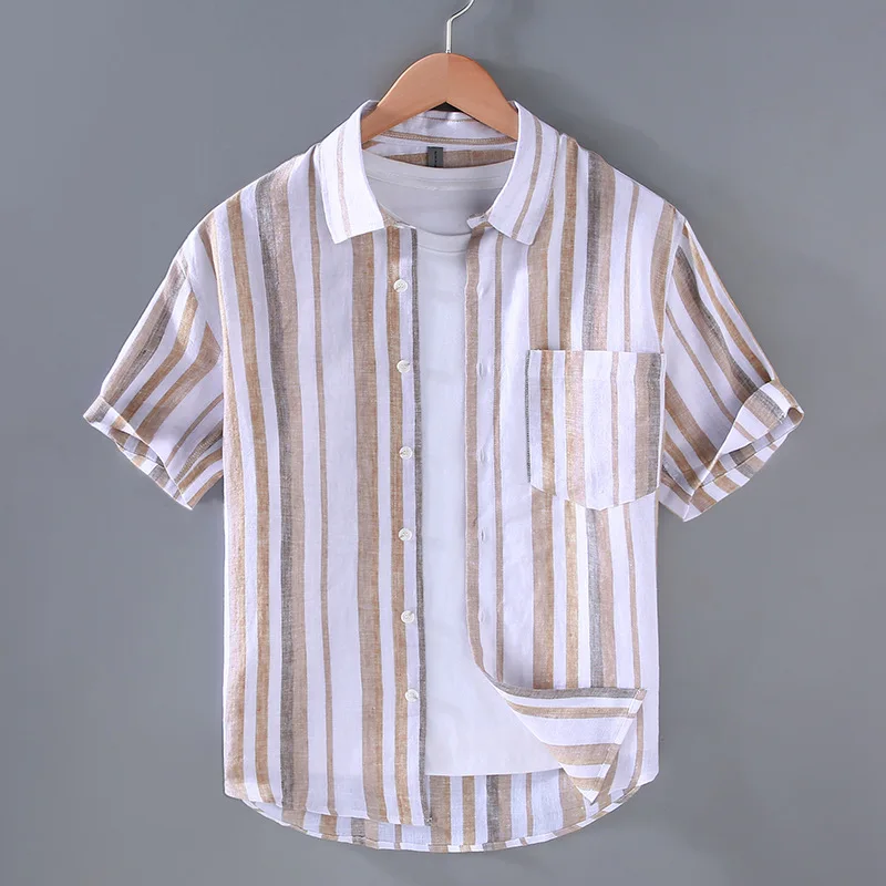 100% Linen Shirts for Men Summer Beach Causal New Male Shirts Pocket Short Sleeve Striped Shirt Daily Breathable Top Loose Shirt