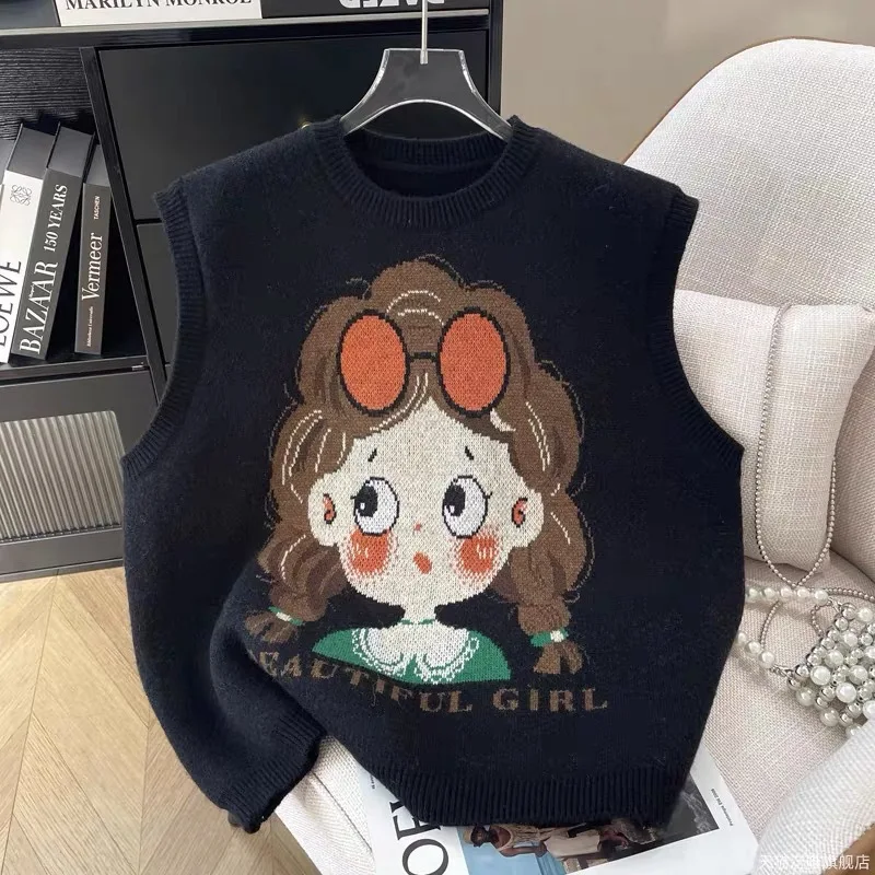 

Осень и зима новая женская одежда милый вязаный жилет с героями мультфильмов женский свободный модный свитер с круглым вырезом трендовый жилет