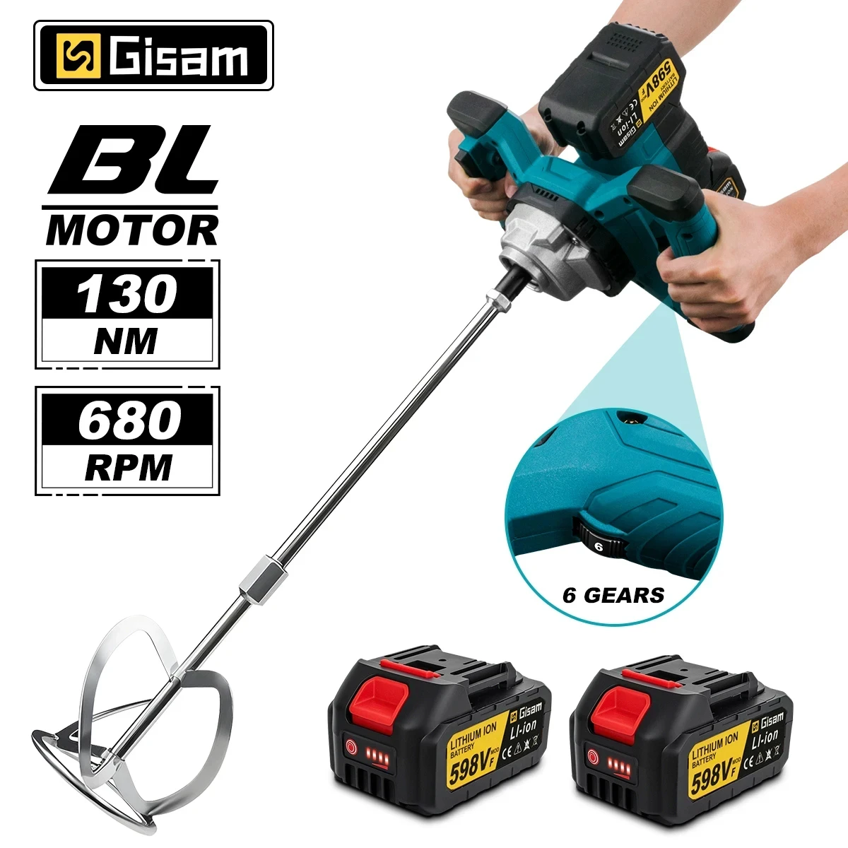 G ose bürstenloser elektrischer Betonmischer, 6 Geschwindigkeiten, kabellos, Zementmörtel, Gipsmischer, Mixer, Farbmischung für Makita 18 V Batterie-Pin