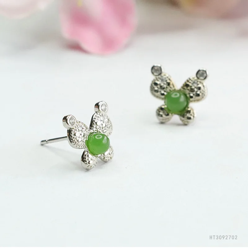 

Ran Hetian jade jasper stud earrings S925 silver needle bow earrings women