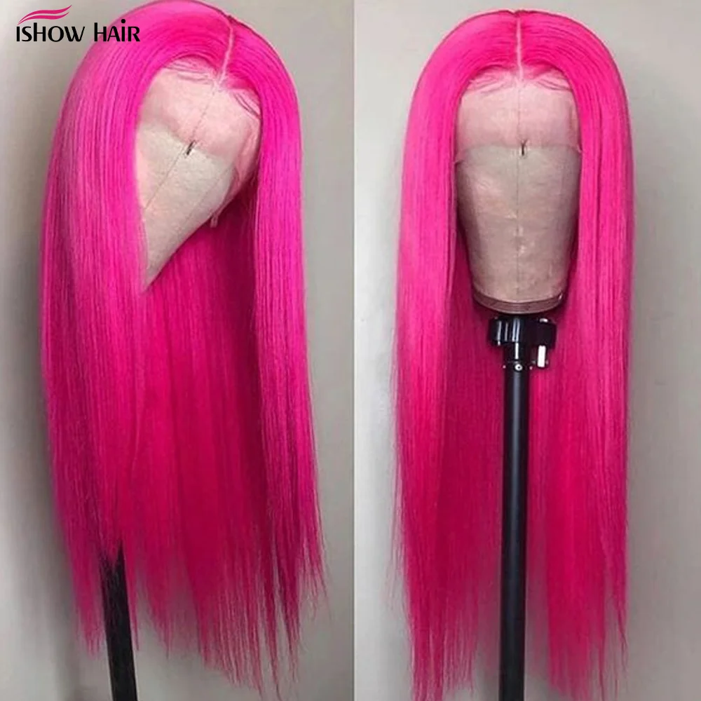 Ishow 30inch Hot Pink Wig 13x6 Transparent Lace Front Human Hair Wigs Colored Straight Human Hair Wigs For Women