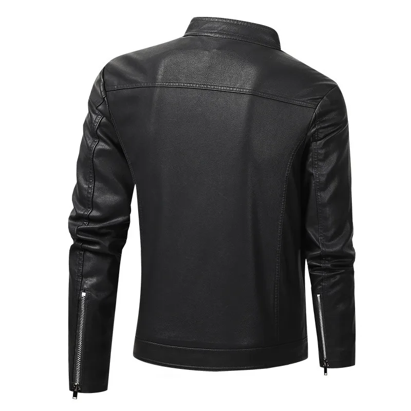 Men's Stand Collar Autumn/Winter Fleece-Lined Leather Jacket PU Leather Fabric Minimalist Solid-Colour Fashion Outerwear