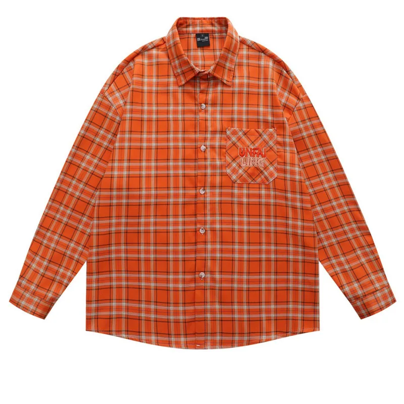 

American retro men's autumn new fashion trend loose checkered pocket embroidery design long sleeved sun protection shirt jacket