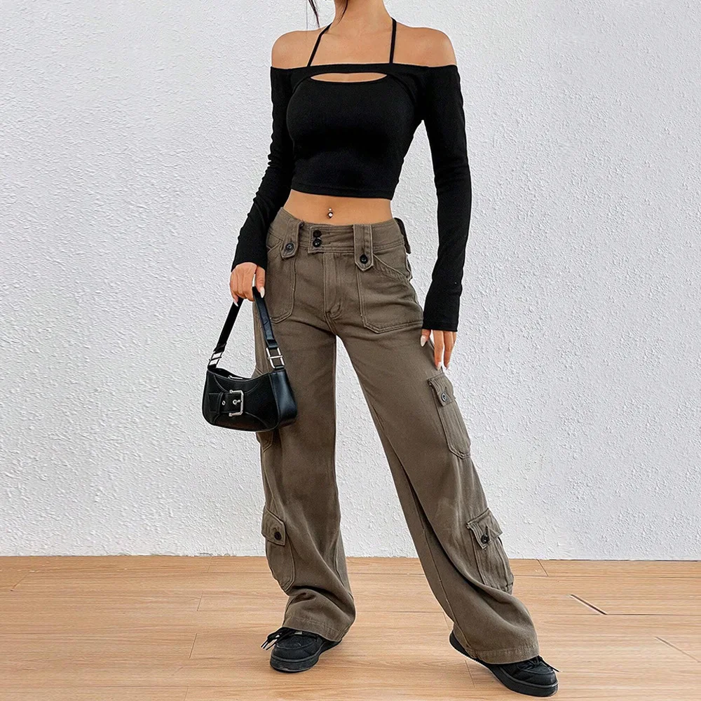 Sexy ort haut creux femmes t-shirt rue Sle longue Sve une épaule Polyester couleur Pure automne hiver Faion tendance