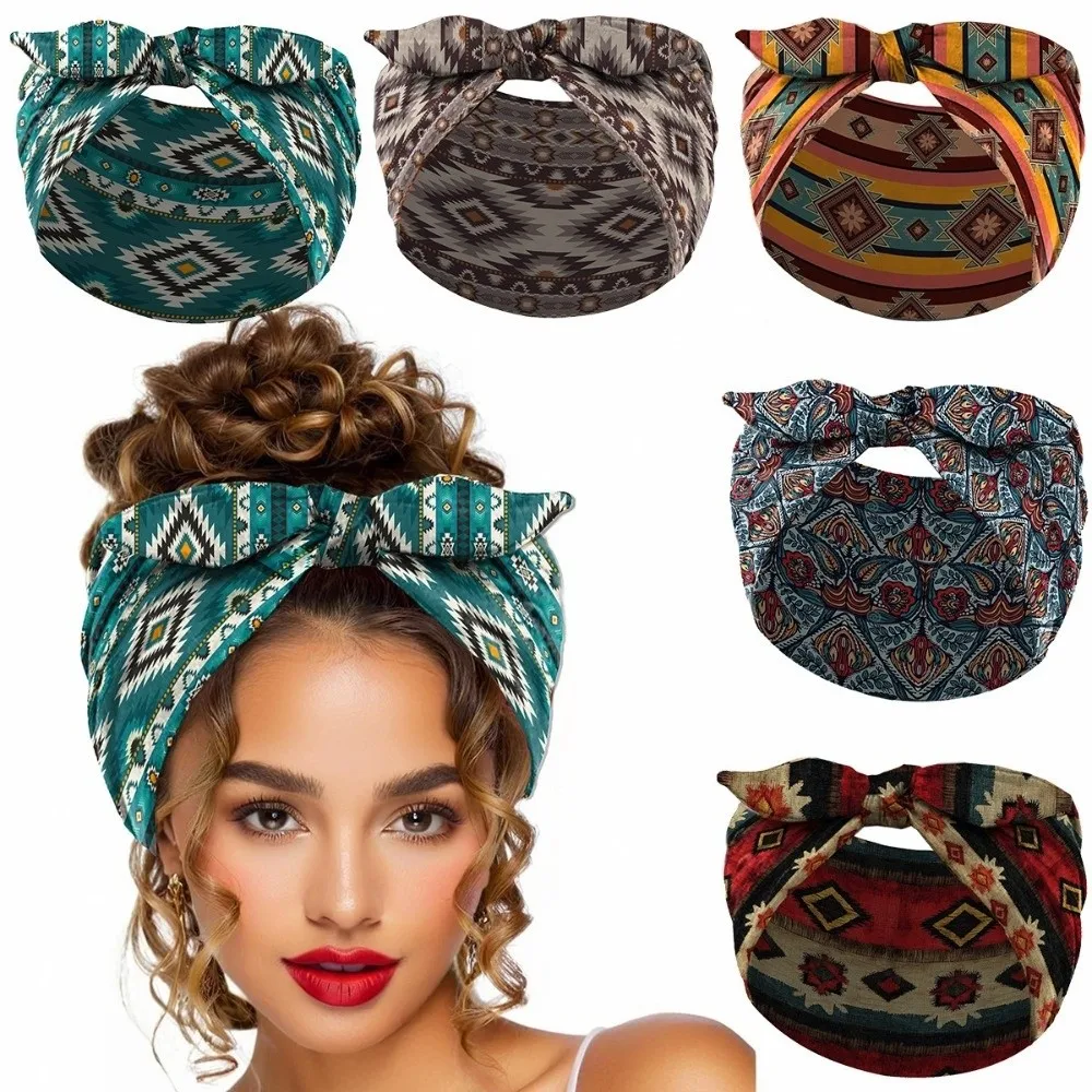 Wide Bohemian Hair Bands Vintage Knot Elastic Boho Print Headband Hair Accessories Cotton Stretch Turban Headwear for Yoga Biker