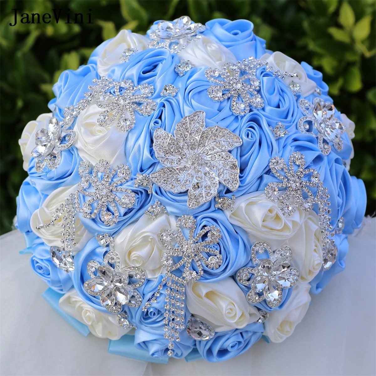 

JaneVini Diamond Light Blue Flowers Bridal Bouquets Artificial Satin Roses Rhinestone Brooch Bouquet Jewelry Wedding Accessories