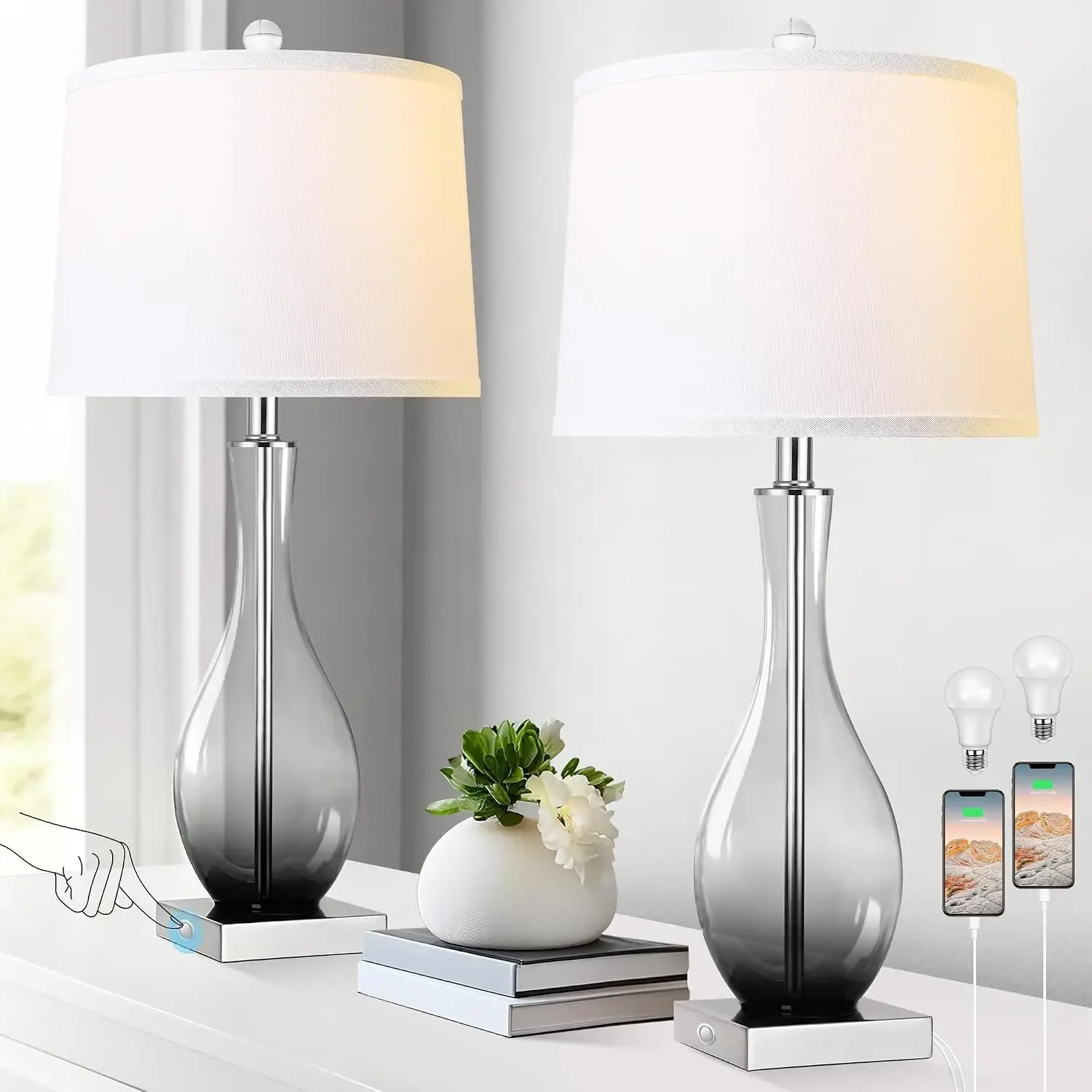 27" Glass Table Lamps with USB-C & USB-A, Touch 3-Way Dimmable, Set of 2, Gray Gradient, E26 Base, Bulbs Included