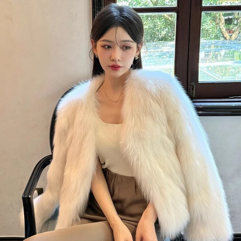 Élégant fausse fourrure veste femmes automne hiver chaud épais col rond bouton solide vêtements d'extérieur mode haute rue Imitation fourrure de renard dame manteau