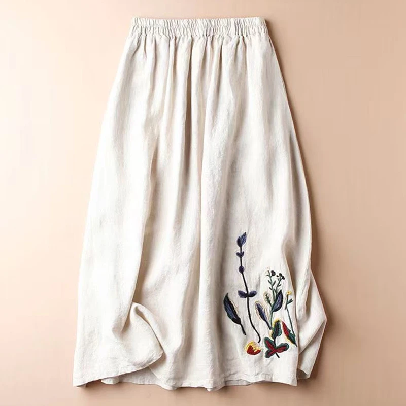 MEXZT Vintage Cotton Linen Skirt Women Summer High Waist Embroidery Print A Line Midi Skirts Fashion Solid Loose Casual Skirt