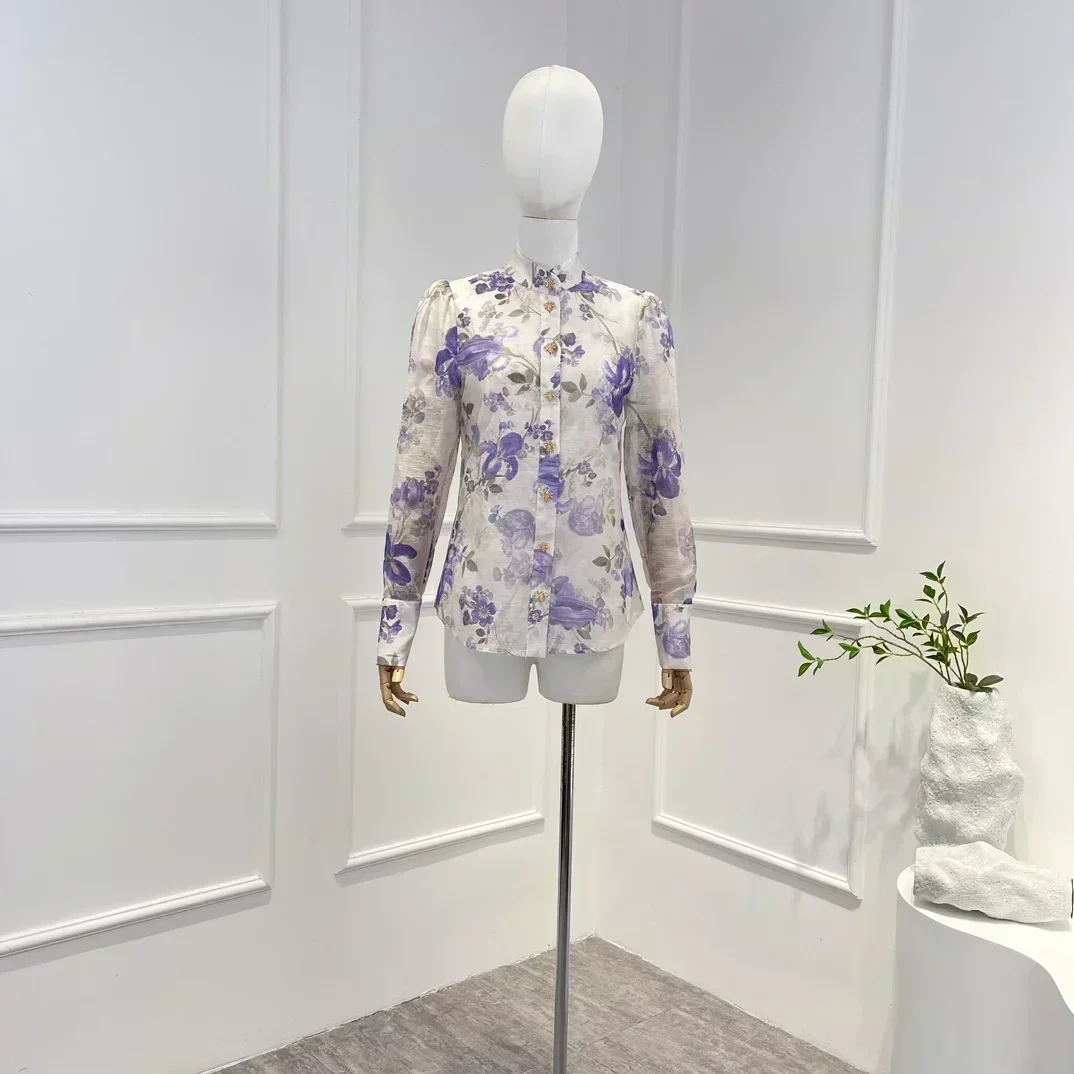 

High Quality Linen Silk Violet Floral Printed Long Sleeve Blouse Women Vintage Tops for Holiday