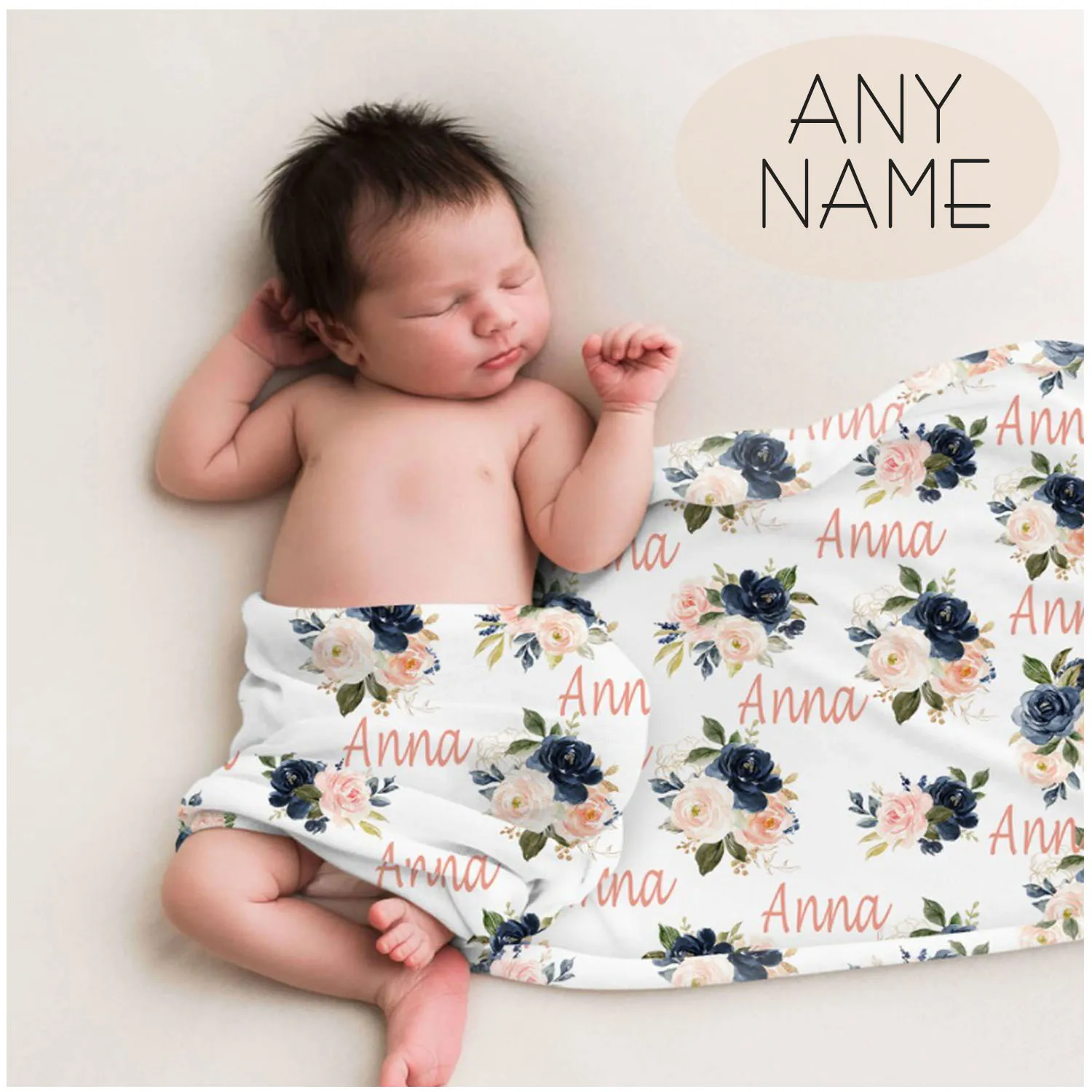 LVYZHIO-Ensemble de literie CPull pour bébé, parure de lit avec nom personnalisé, parure de chambre d'enfant, interconnexion bleu marine, fleurs roses blush