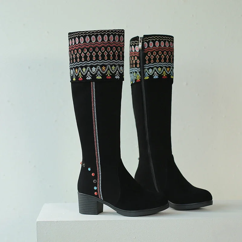 

Dropshipping Brand Design Embroidery Rivet Decorative Knee Boots Ethnic Knight Boots Sexy Zipper Suede Leather Women's Boots