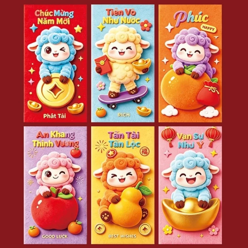 6pcs Colorful Goat Pattern 2027 Chinese New Year Red Envelopes Blessings Printing Rectangular The Year of The Goat Red Packet