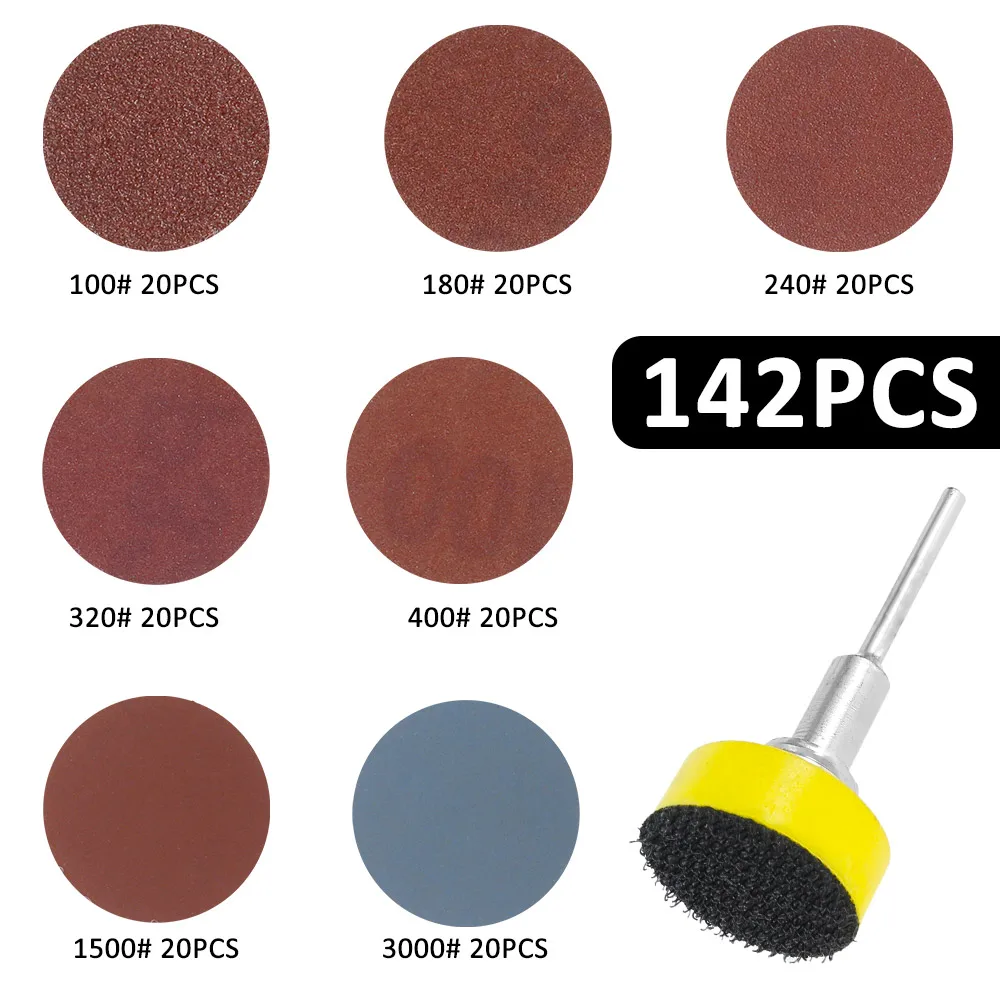 142Pcs 25mm Sandpaper Assortment 100-3000 Grit Sanding Disc Pad Set 1 Inch For Drill Grinder Rotary Tools With Disk Pole Cushion