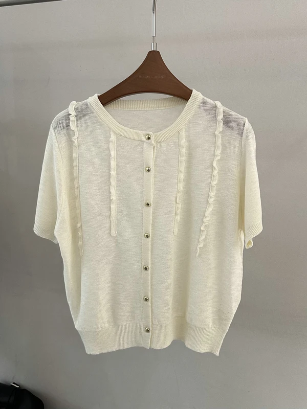 

Вязаный топ в корейском стиле с металлическими пуговицами, легкий, с коротким рукавом, женский, дышащий, весенне-летний, модный, мягкий, нежный стиль