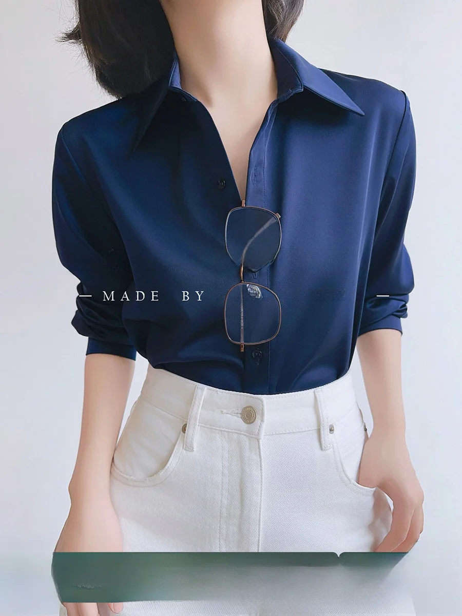 

XALI Blue Satin Shirt Women's Professional Deep Blue Shirt Commute OL Top Elegant Straight Cut Long Sleeve Button up