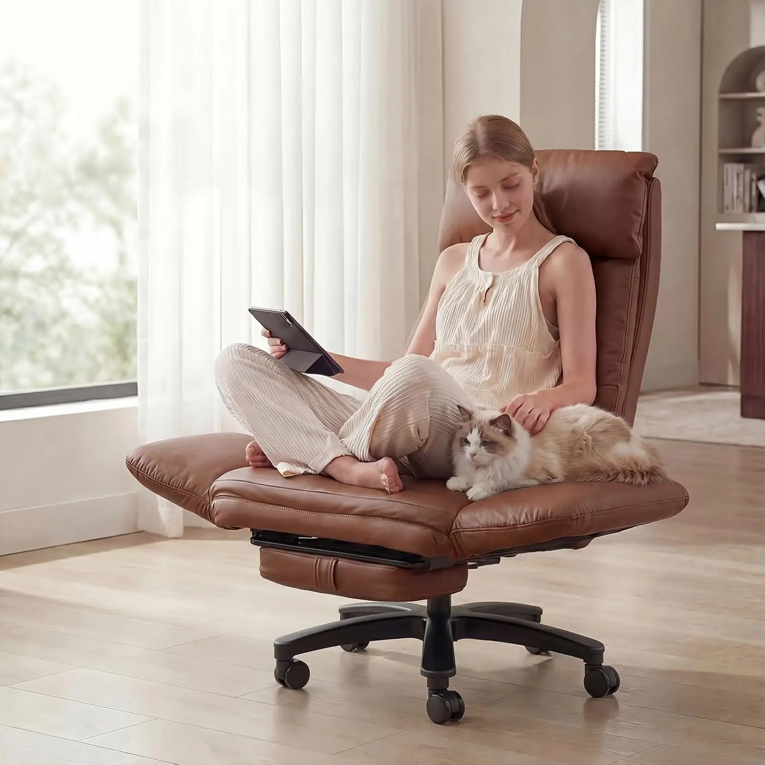 Plus Size Cross Legged Office Chair with Pet Friendly Seat, Foot Rest, Reversible Armrests & Wide Seat, Brown, Customized