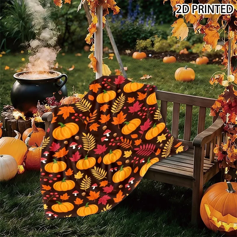 Cozy Fall-Themed Throw Blanket with Dark Brown Background, Printed Assorted Orange Pumpkins, Vibrant Autumn Leaves, Red Berries,