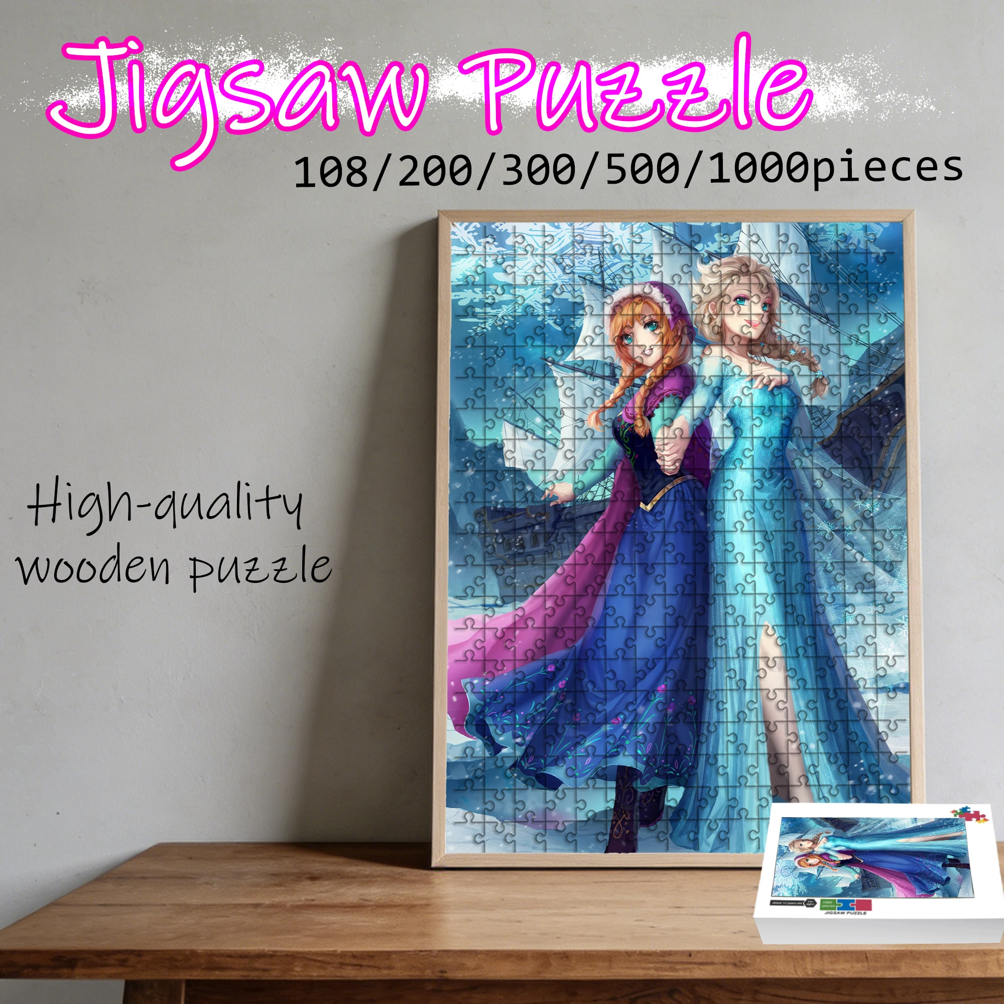 

Wooden Jigsaw Puzzle 108/200/300/500/1000 Pcs, Frozen Elsa & Anna Scene Puzzle, High-Quality Wood, Whimsical Decor for Bedroom