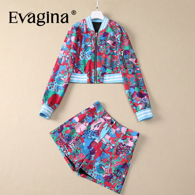 

Evagina Fashion Design Summer Women's Suit Stand Collar Long-Sleeved Tops+Casual shorts Indie Folk style Print Two Piece Set