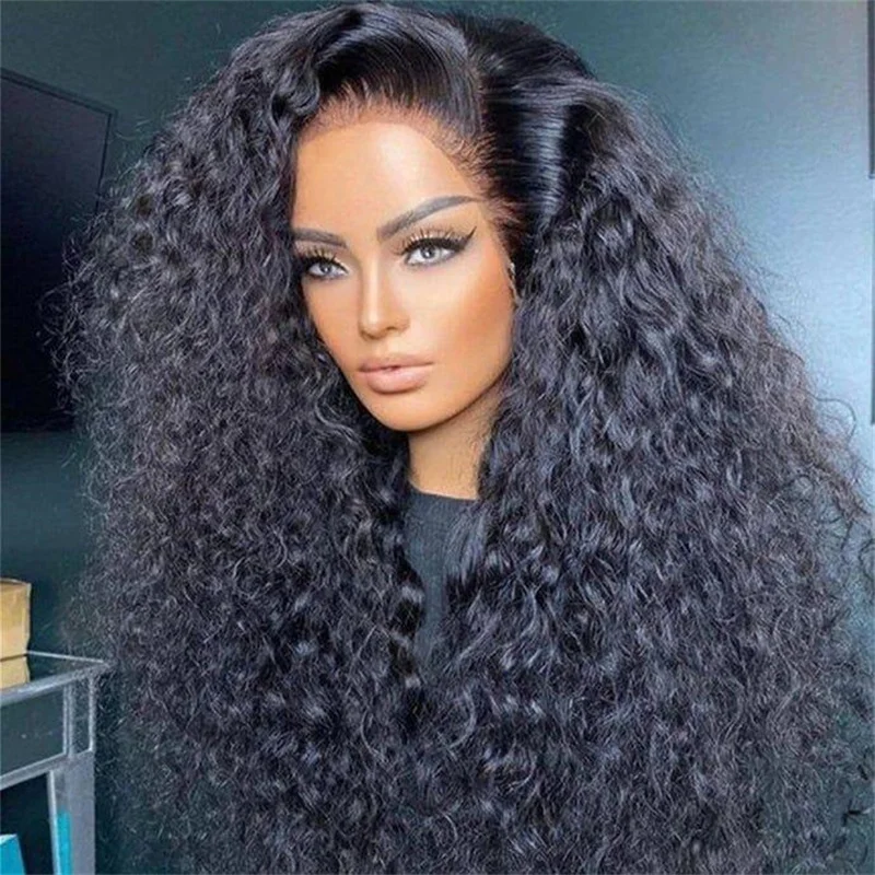 Soft 180Density Natural Black 26Inch Long Kinky Curly Lace Front Wig For Women BabyHair Heat Resistant Glueless Preplucked Daily