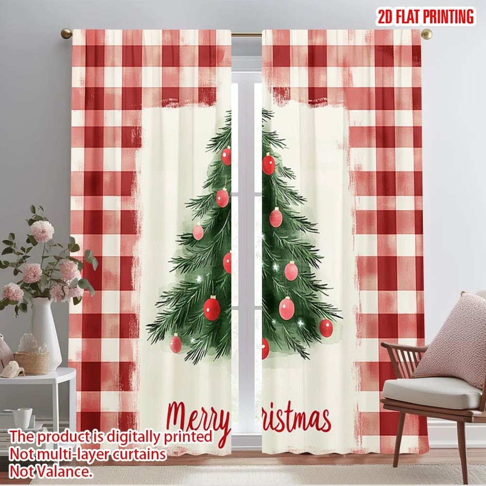2pcs,2D plane printing Contemporary Curtains Christmas Tree Red Bow (3) Polyester Fabric (without rod) Outdoor Decorations for