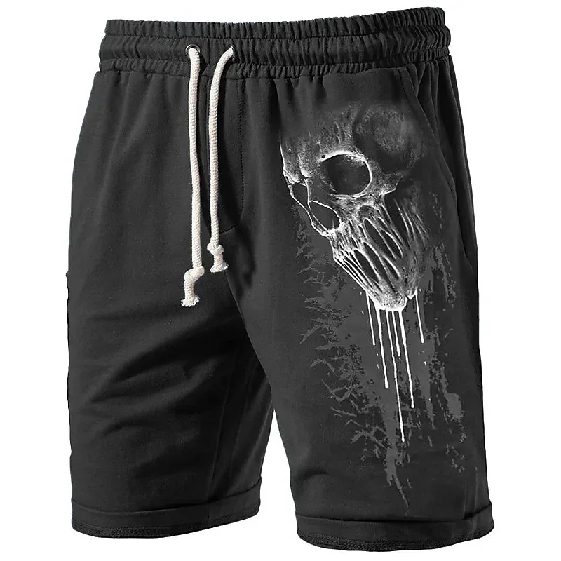 Retro Skull 3D Printed Pattern Beach Shorts for Men, Fashionable Summer Cool Street Casual Wear, Loose Street Hip-hop Shorts
