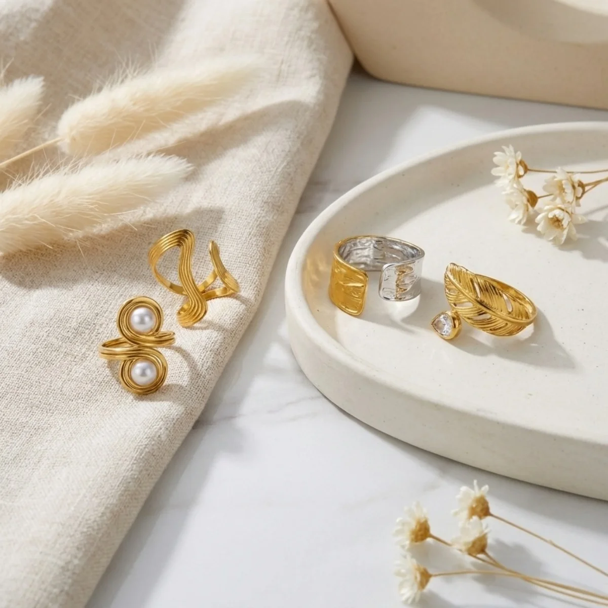 Französische Vintage-Fingerringe mit hohlem, gewelltem Design, imitierten Perlen und Spiralblatt-Motiven für Damen und Herren, im Nischenstil, geometrischer Ring, ästhetischer Schmuck. – Detail 16
