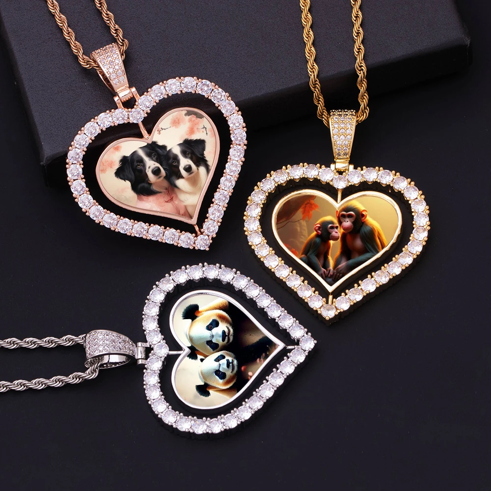 

New Iced Out Fashion Sublimation Heart Shape Memory Picture Pendant HipHop Rotating Double CZ Heart Frame Photo Necklace Jewelry
