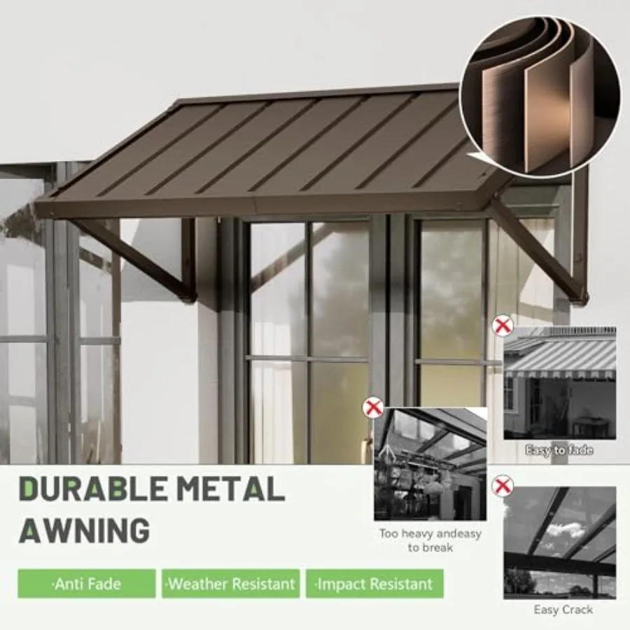 Exterior Metal Door Awning for Outdoor Use-Brown 40x24 in Heavy Duty Triangular Steel Frame Withstands 60mph Winds 5 in Snow UP