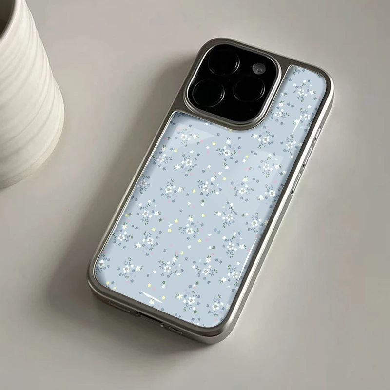 Ins Zarte blaue Blumendrucke, Hydrogel-Rückplatte, silberner Rand, stoßfeste Handyhülle für iPhone 17, 16, 15, 14 Pro Max