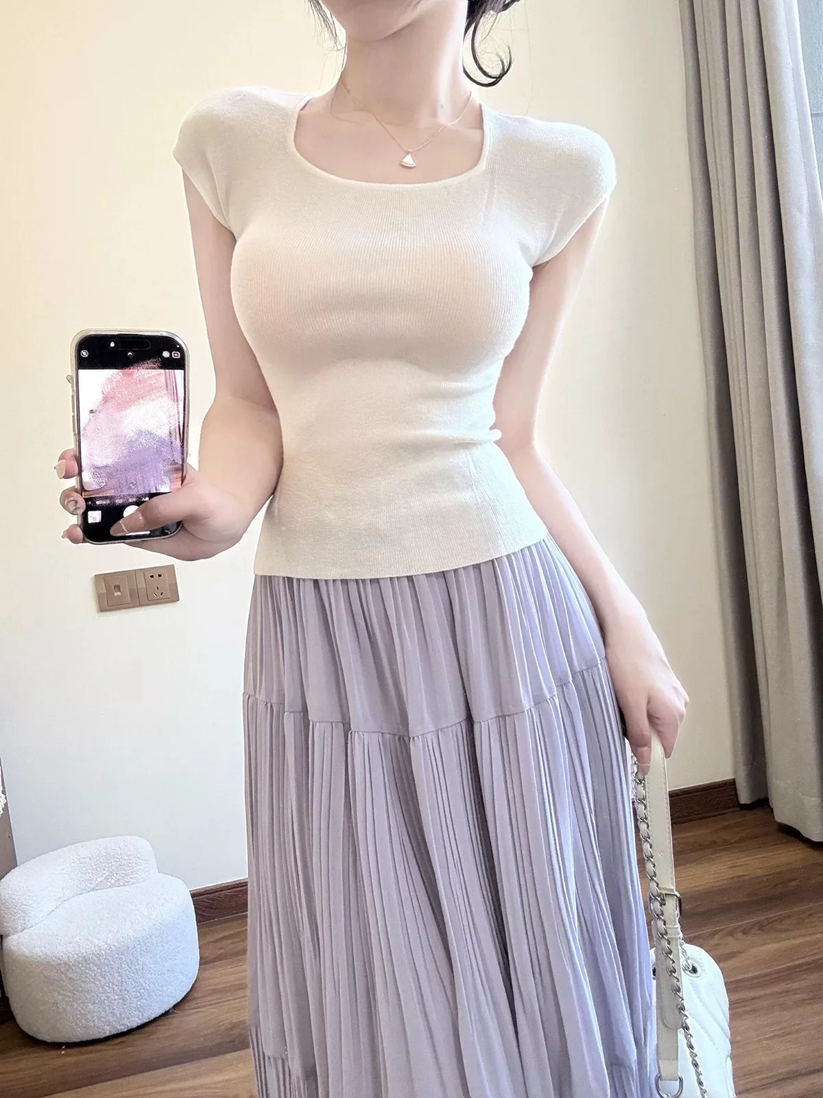 

Korean College Style Women's Summer Commute Short Sleeve T-Shirt Skirt Set Cute High Waist A-Line Skirt Two-Piece Suit